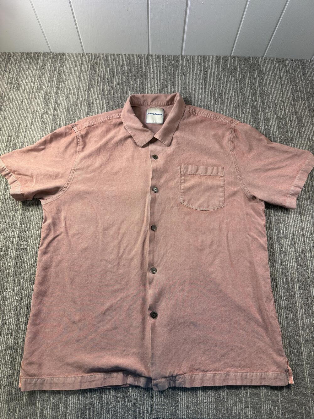 Tommy Bahama Shirt Mens XL Pink Solid Short Sleeve Button Up Silk Casual Woven